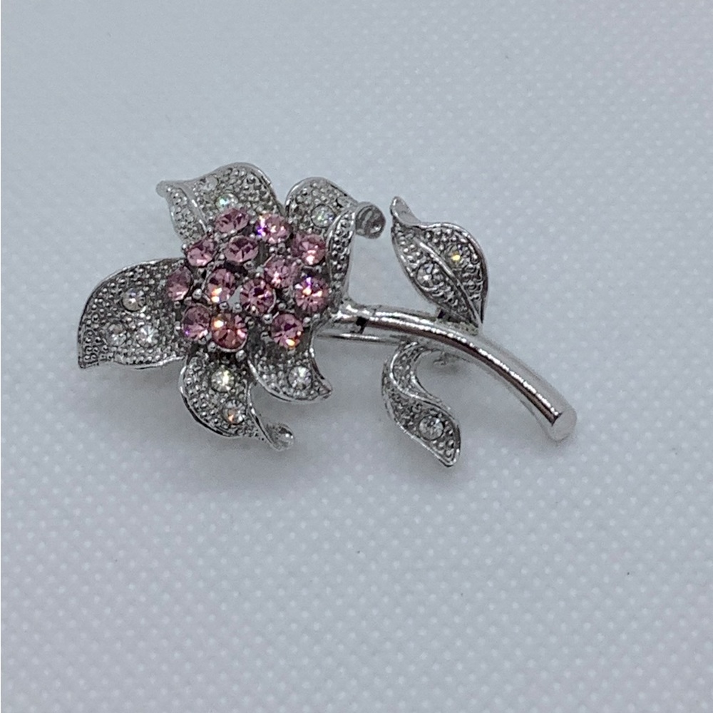 Silver Tone Pink Flower Brooch